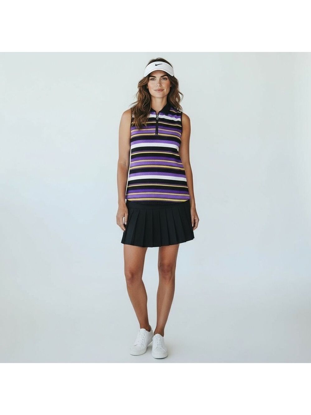 DKNY GOLF Sleeveless Polo Too Striped Zip Mock Neck Purple Black Size M Stretchy